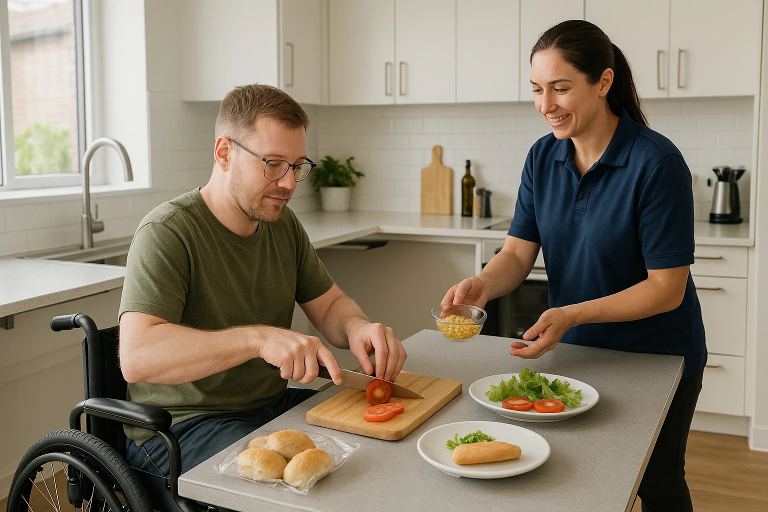 An NDIS support worker assisting a participant at home