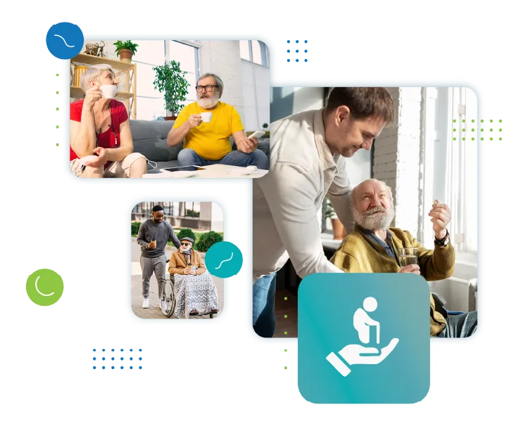 Collage of carers supporting elderly clients at home — chatting over coffee, assisting a man in a wheelchair outdoors, and helping an older man with a drink